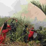 Para petugas berjikabaku memadamkan api yang membakar lahan di Muba. Foto: Dok Kominfo Muba.