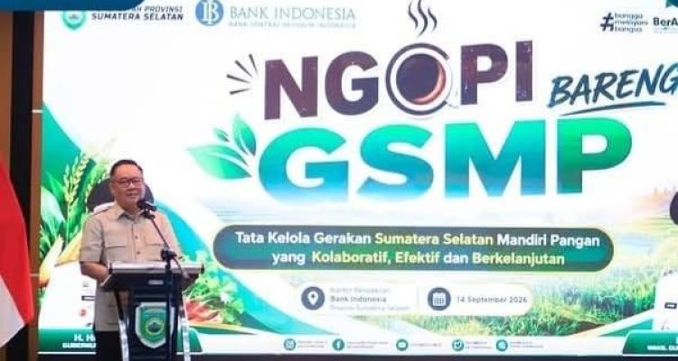 Wagub Sumsel, Cik Ujang saat hadir di acara Ngopi Bareng GSMP di Aula BI Palembang, Senin (14/9/2026). Foto: Humas Pemprov Sumsel.