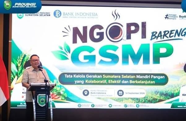 Wagub Sumsel, Cik Ujang saat hadir di acara Ngopi Bareng GSMP di Aula BI Palembang, Senin (14/9/2026). Foto: Humas Pemprov Sumsel.