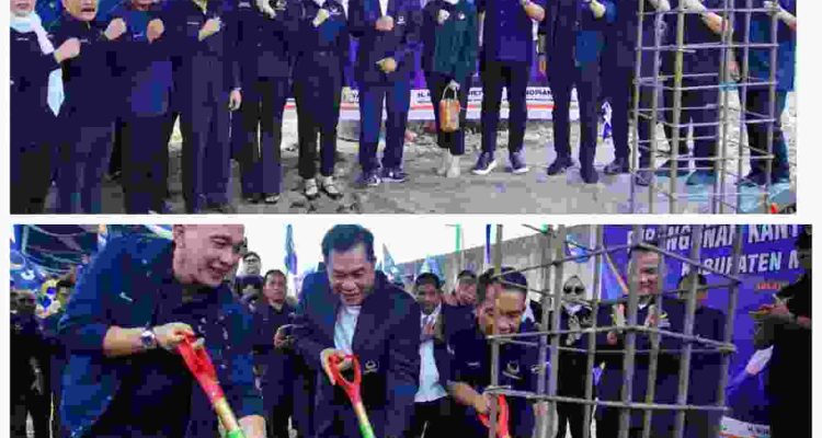 Pembangunan Kantor Dewan Pimpinan Daerah (DPD) Partai NasDem Kabupaten Musi Banyuasin (Muba) resmi dimulai dengan peletakan batu pertama oleh Bupati Muba H M Toha Tohet, SH, yang juga menjabat Ketua DPD Partai NasDem Muba, Senin (26/10/2026). Foto: Kominfo Muba.