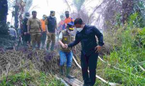 Bupati Musi Banyuasin (Muba) HM Toha Tohet, SH bersama Forum Koordinasi Pimpinan Daerah (Forkopimda) dan jajaran perangkat daerah meninjau langsung penanganan kebakaran hutan dan lahan (karhutla) di Dusun 7, Desa Muara Medak, Kecamatan Bayung Lencir, Selasa (20/10/2026). Foto: Kominfo Muba.